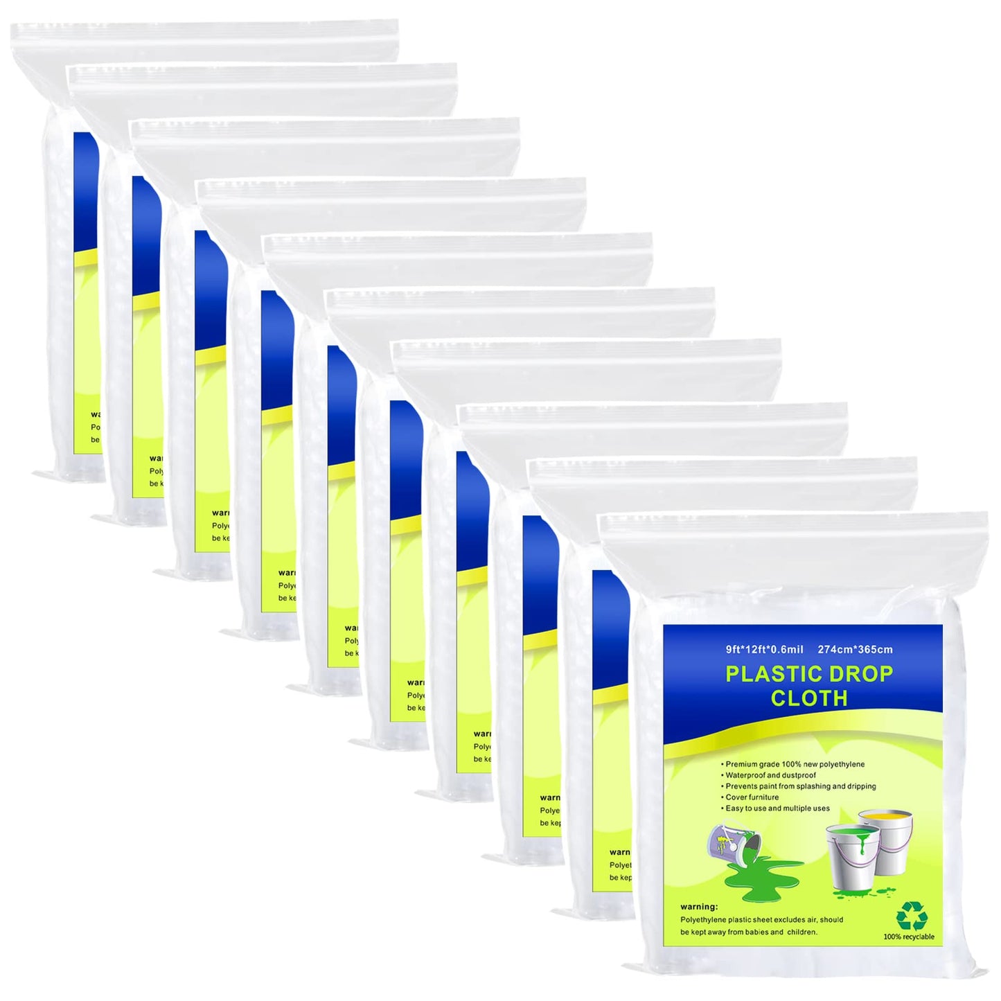 10-Pack Plastic Drop Sheets, 9x12 ft