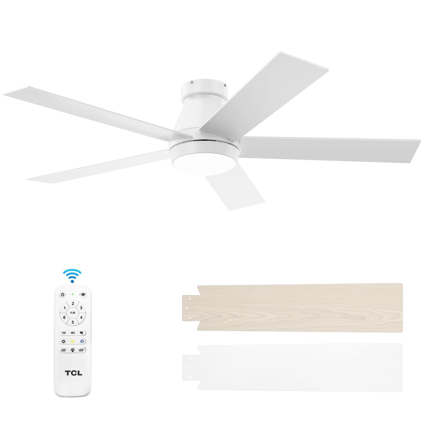 TCL 52" White Ceiling Fan with Light, 5 Blades, 6-Speed