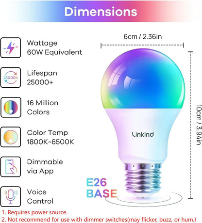 Linkind Smart Bulbs 4-Pack, RGB WiFi LED