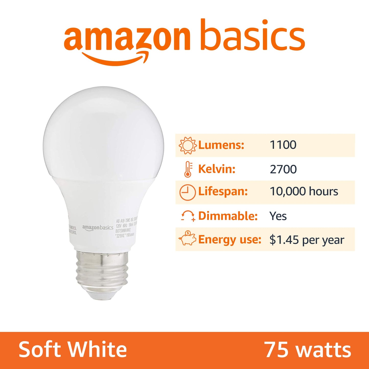Amazon Basics 60W LED Bulbs, Soft White, 6-Pack