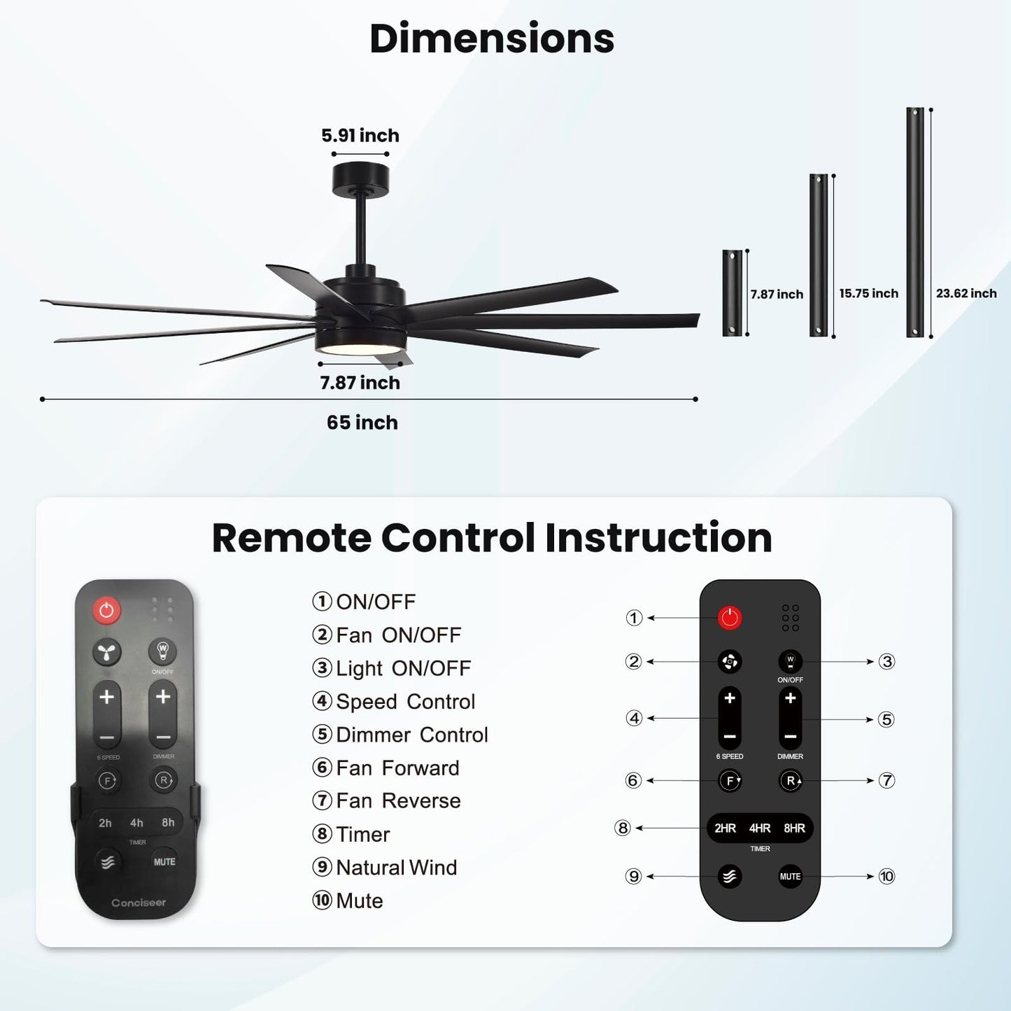 65" Modern Ceiling Fan with Light & Remote