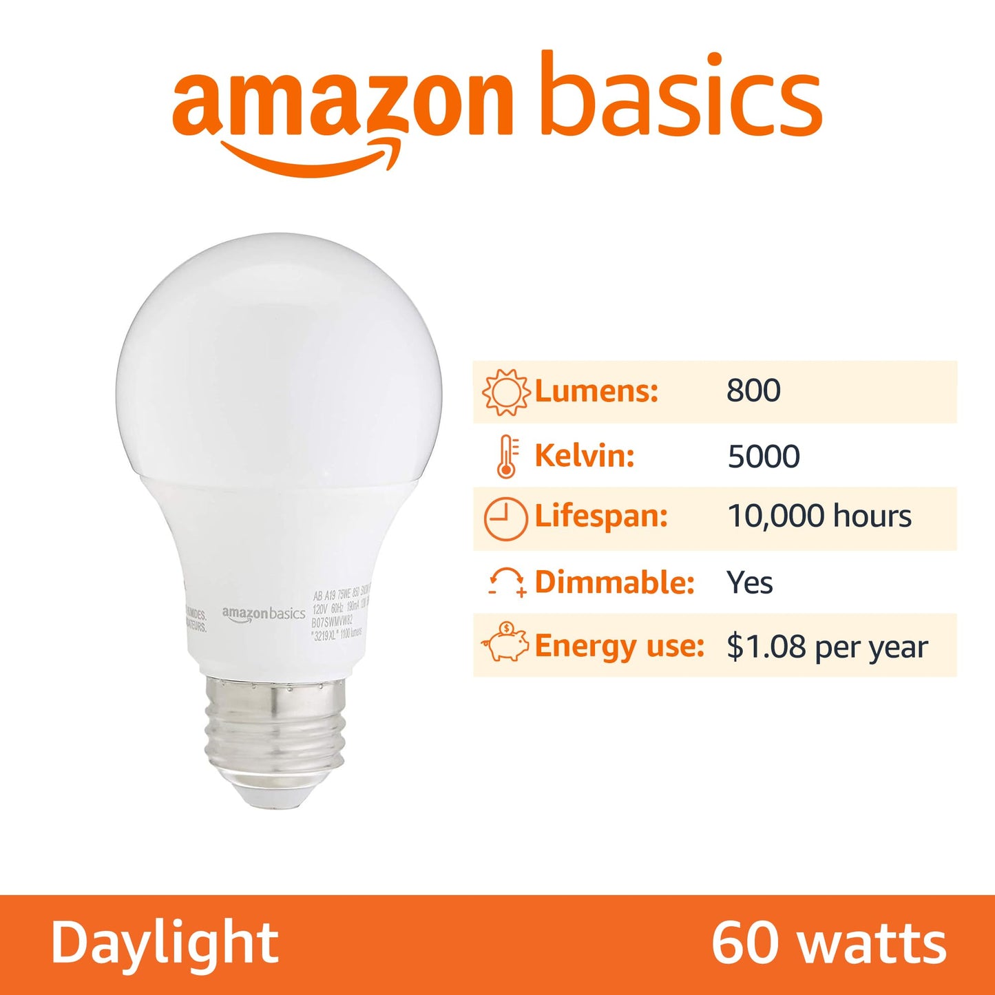 Amazon Basics 60W LED Bulbs, Soft White, 6-Pack