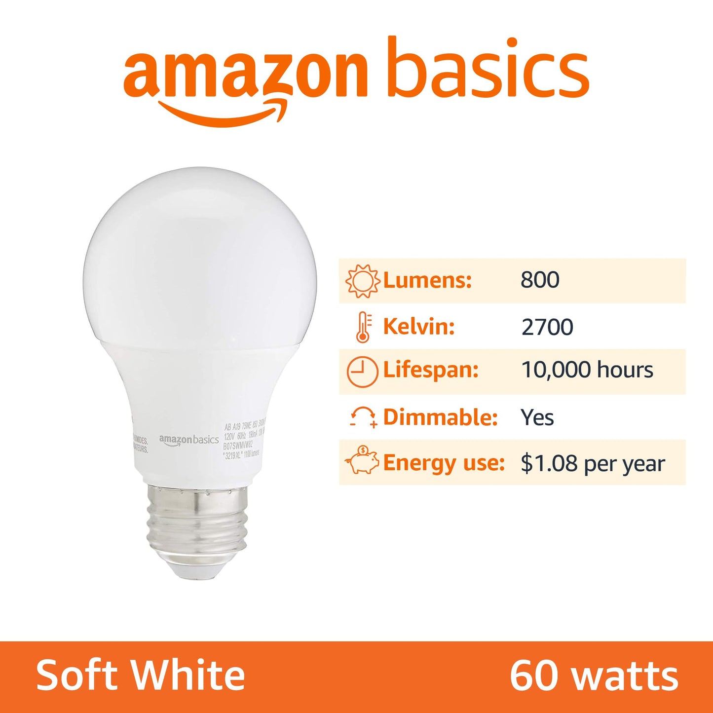 Amazon Basics 60W LED Bulbs, Soft White, 6-Pack