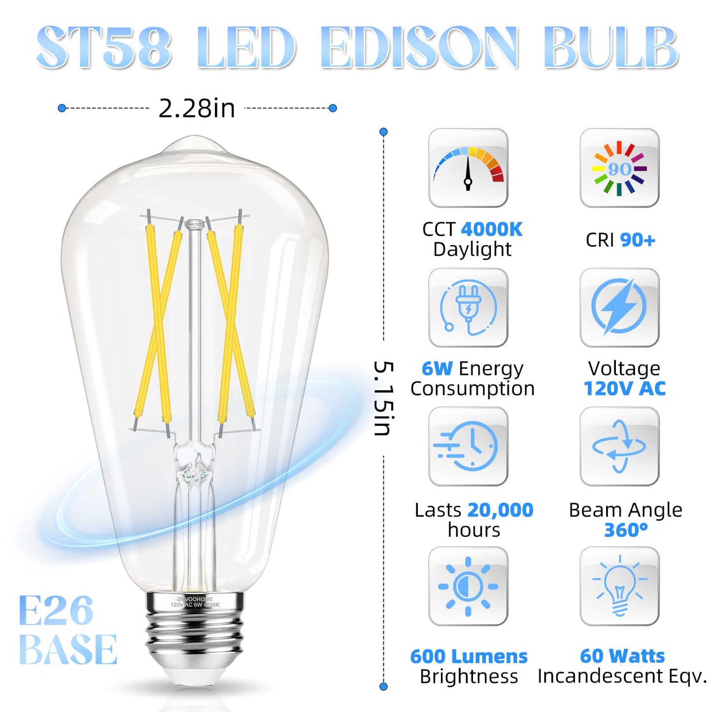 Edison LED Bulbs 60W, 4000K, 12-Pack