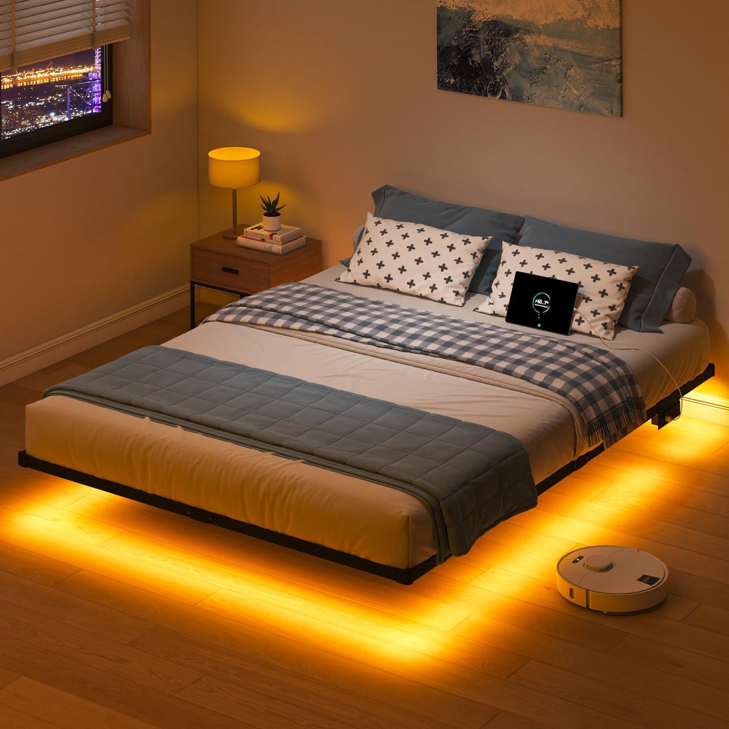 Floating Twin Bed Frame with LED & Charger