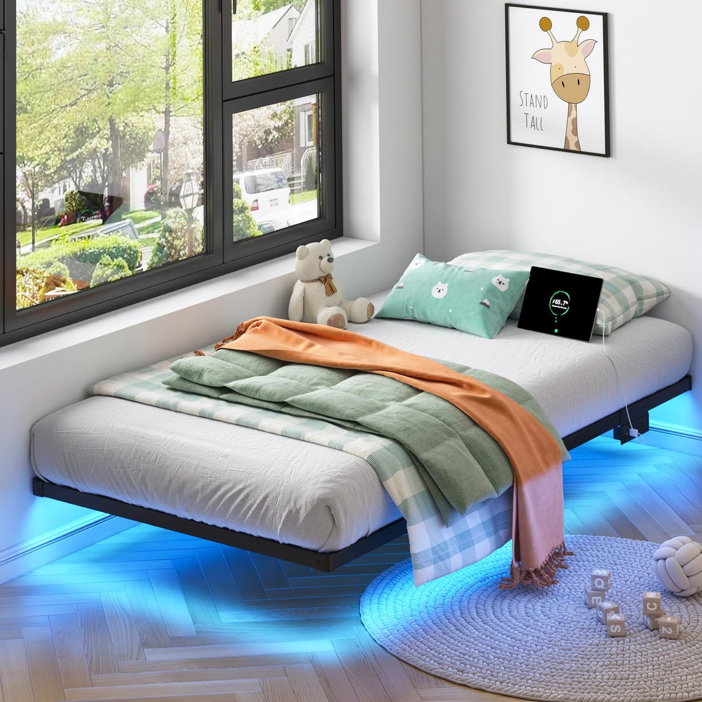 Floating Twin Bed Frame with LED & Charger