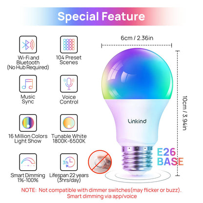 Linkind Smart Bulbs 4-Pack, RGB WiFi LED