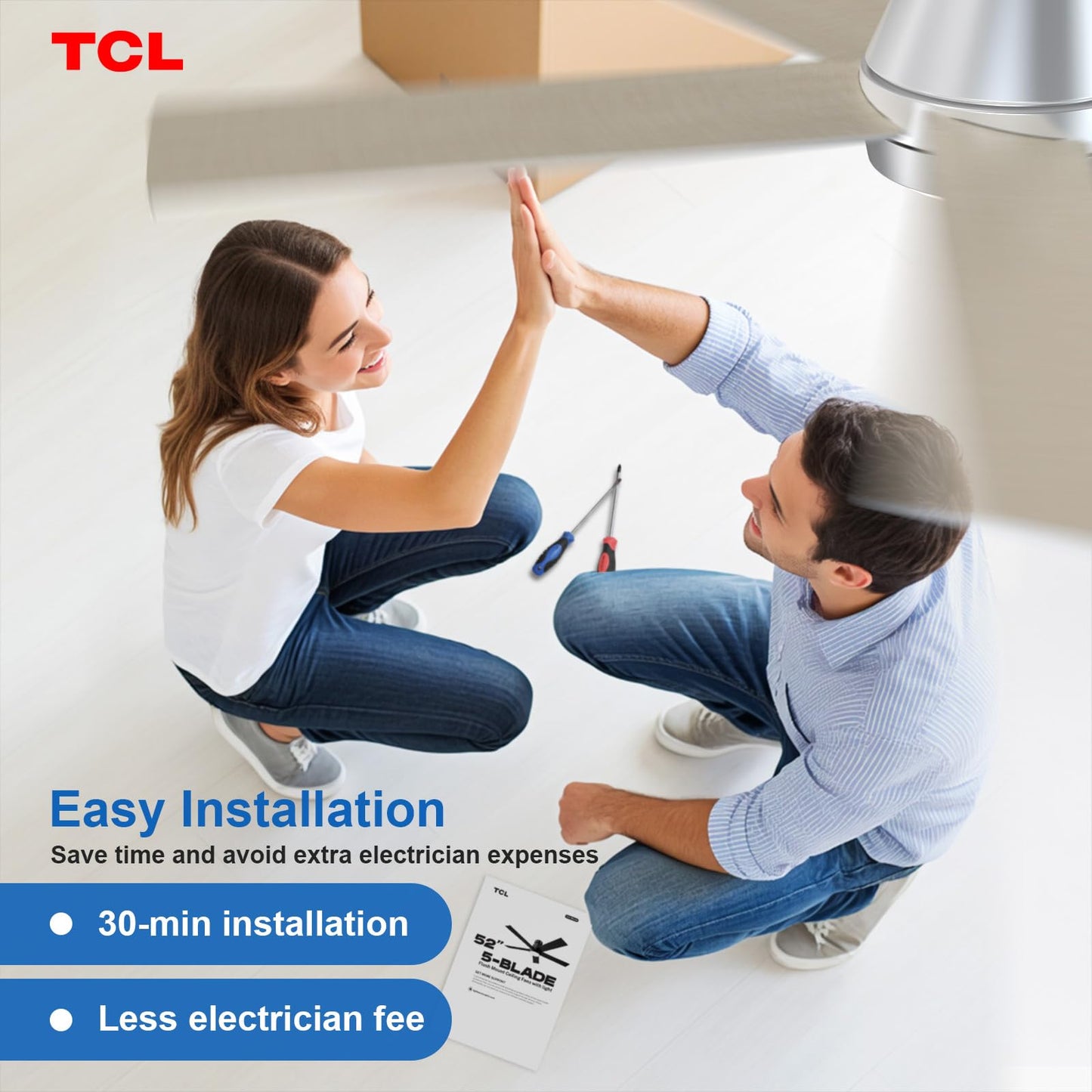 TCL 52" White Ceiling Fan with Light, 5 Blades, 6-Speed