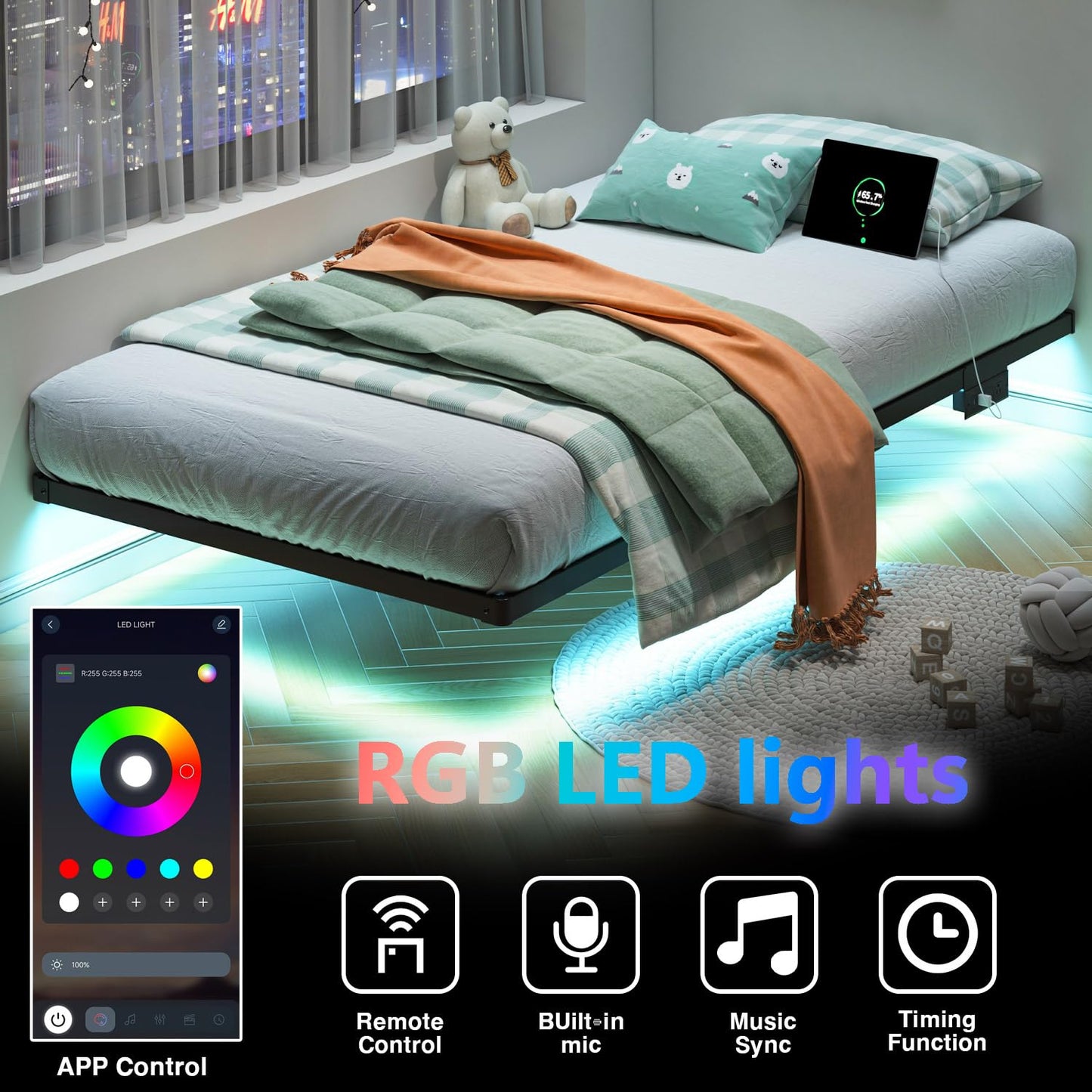 Floating Twin Bed Frame with LED & Charger