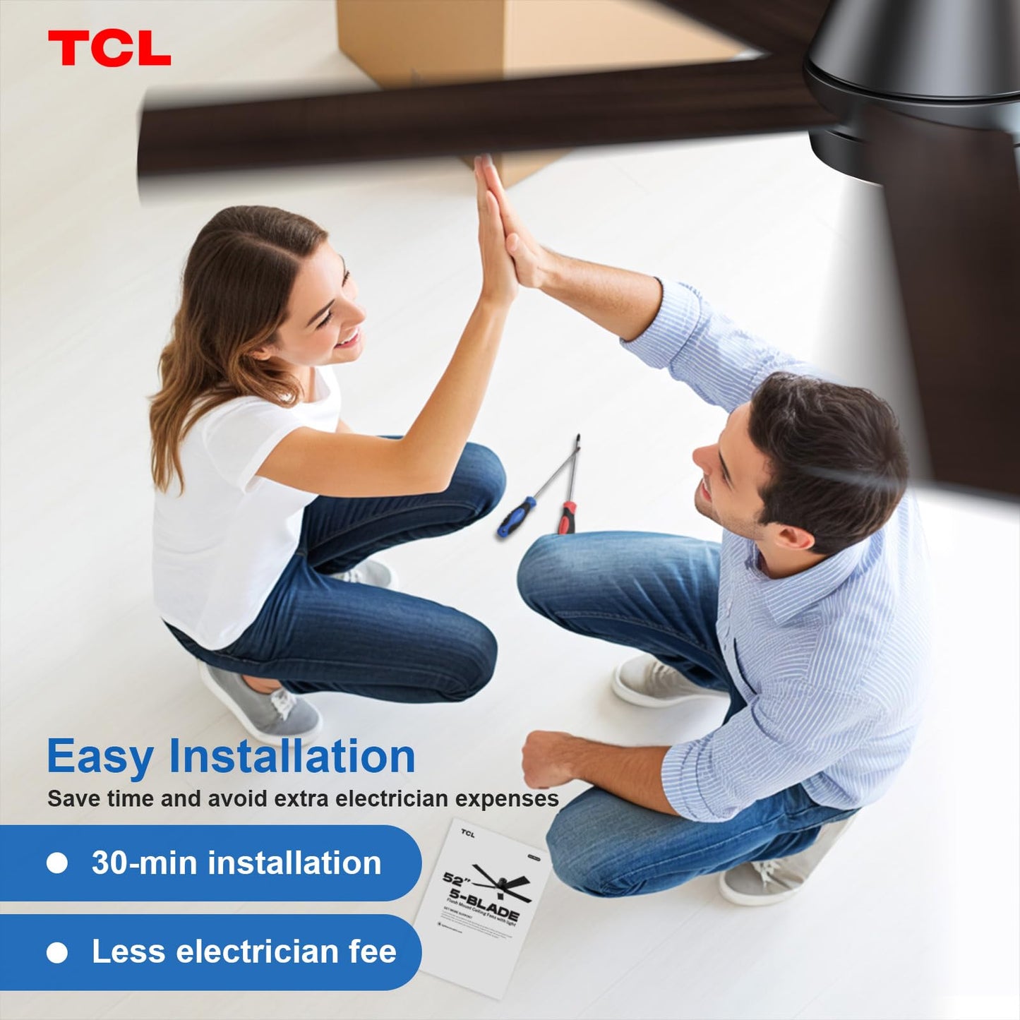 TCL 52" White Ceiling Fan with Light, 5 Blades, 6-Speed