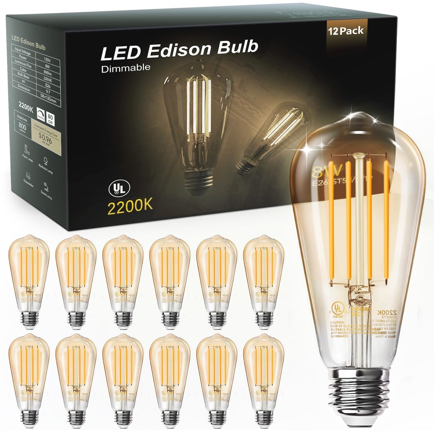 TJOY Vintage LED Edison Bulbs 12-Pack