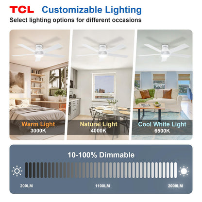 TCL 52" White Ceiling Fan with Light, 5 Blades, 6-Speed