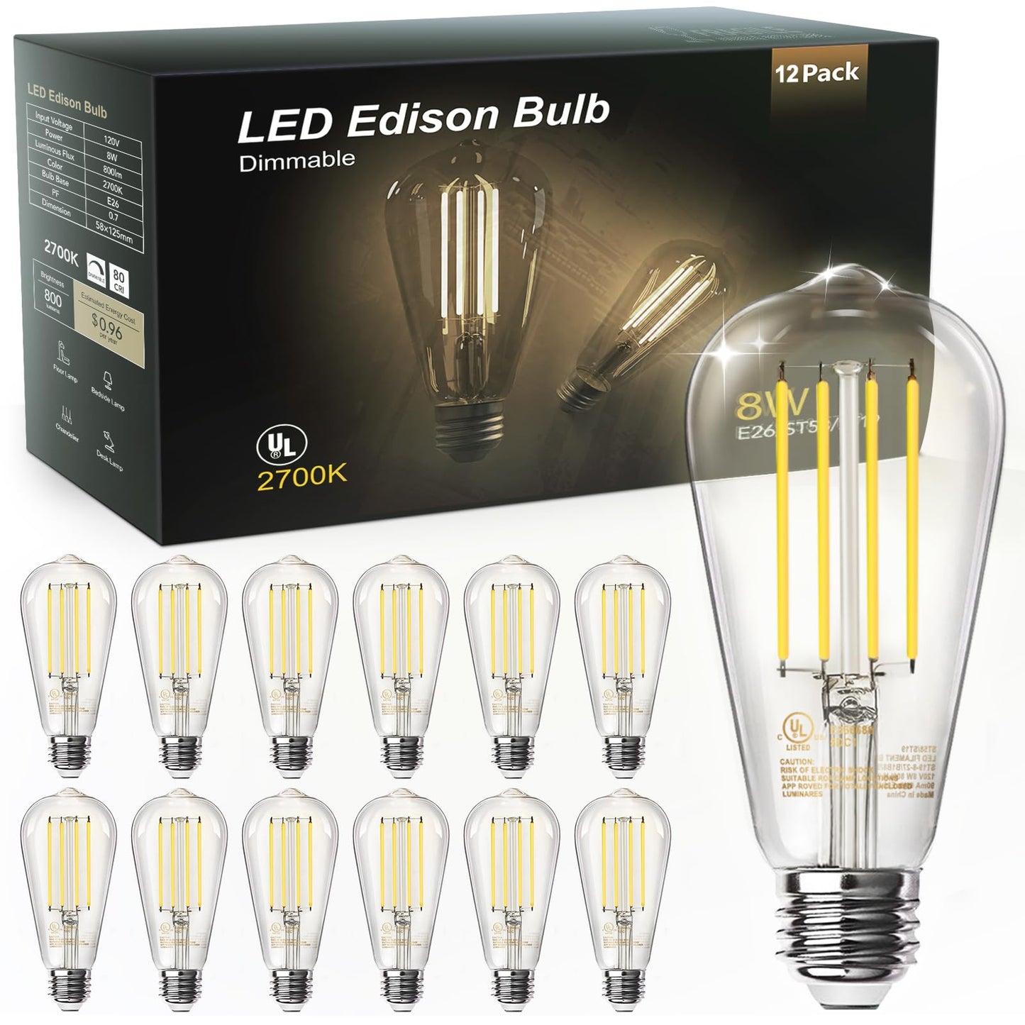 TJOY Vintage LED Edison Bulbs 12-Pack