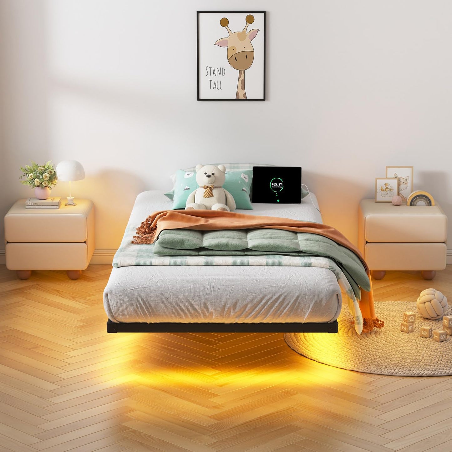 Floating Twin Bed Frame with LED & Charger