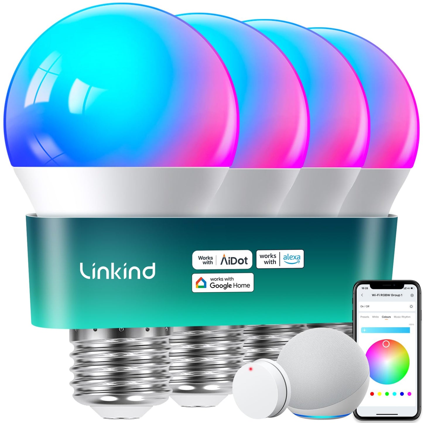 Linkind Smart Bulbs 4-Pack, RGB WiFi LED