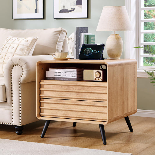 Fluted Nightstand with Charging Port – 24" Oak