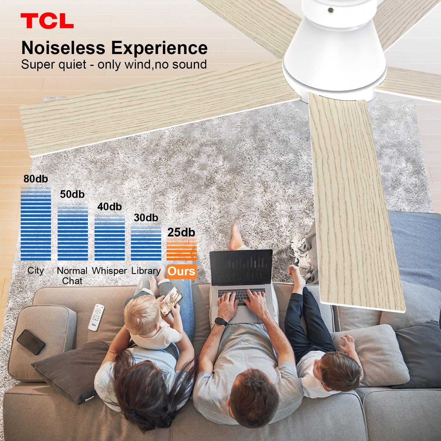 TCL 52" White Ceiling Fan with Light, 5 Blades, 6-Speed