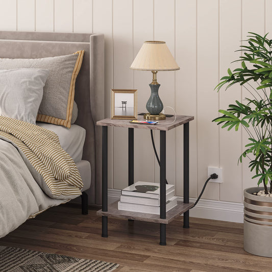 HOOBRO Side Table with USB, Rustic Brown