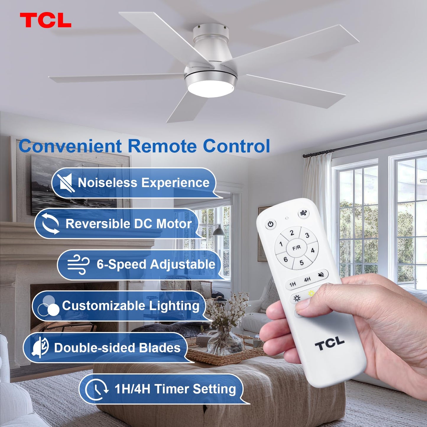 TCL 52" White Ceiling Fan with Light, 5 Blades, 6-Speed