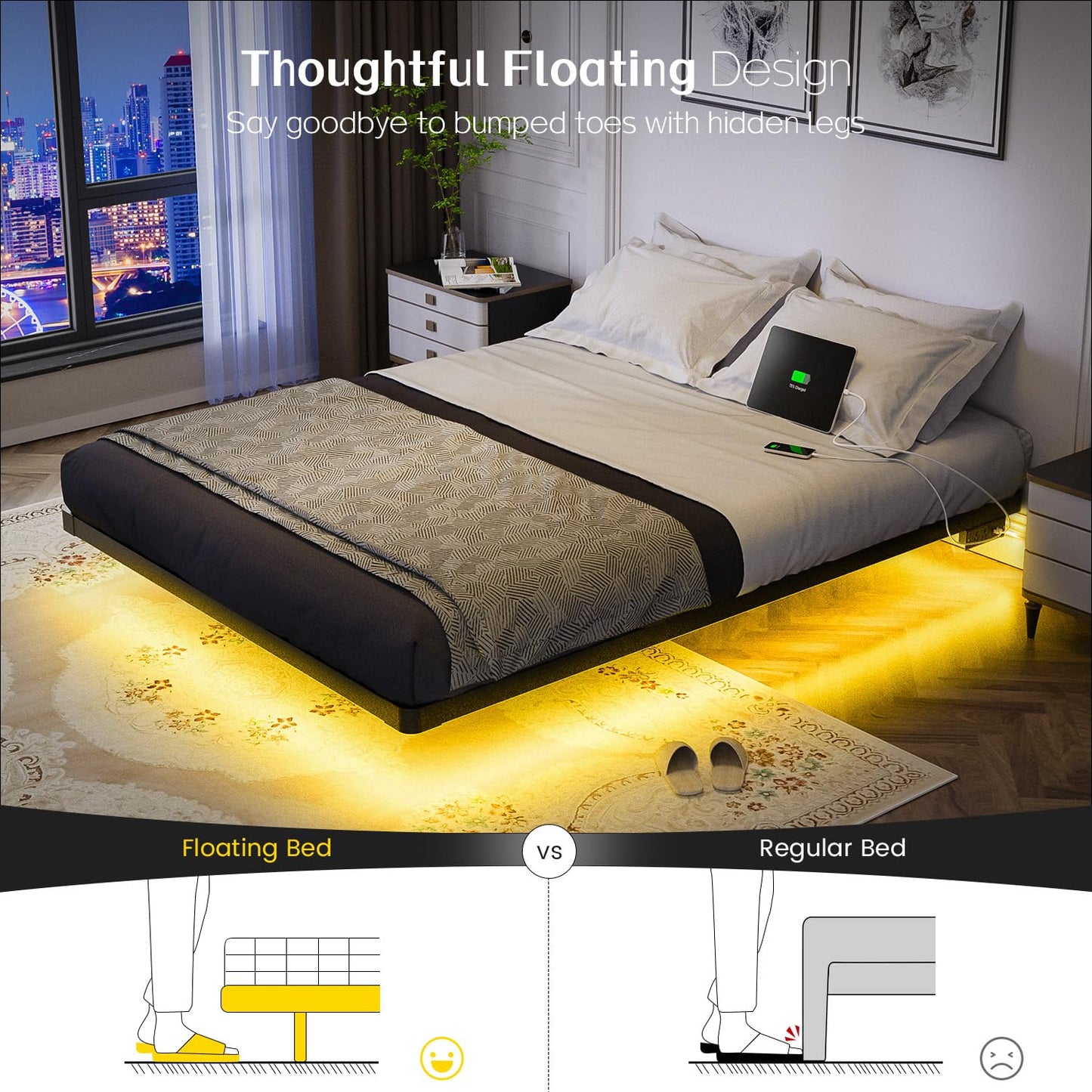 OLEVS Full LED Floating Bed Frame