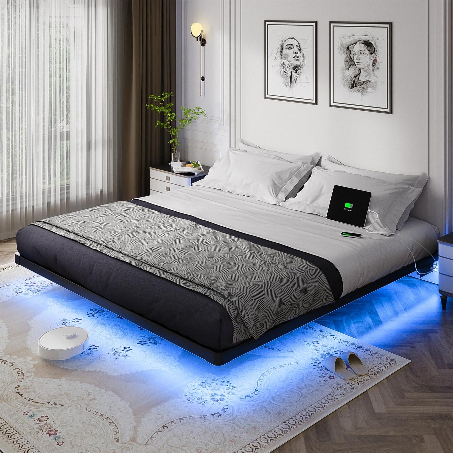 OLEVS Full LED Floating Bed Frame