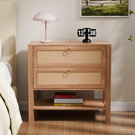 Rattan Nightstand with Drawers — White Oak