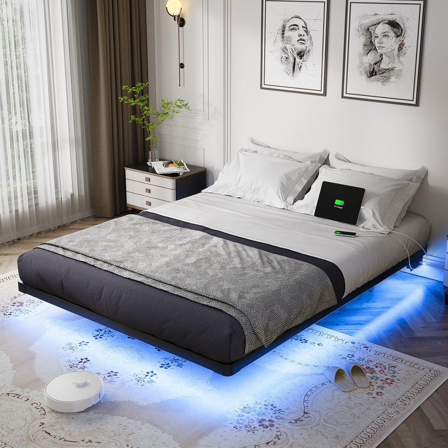 OLEVS Full LED Floating Bed Frame