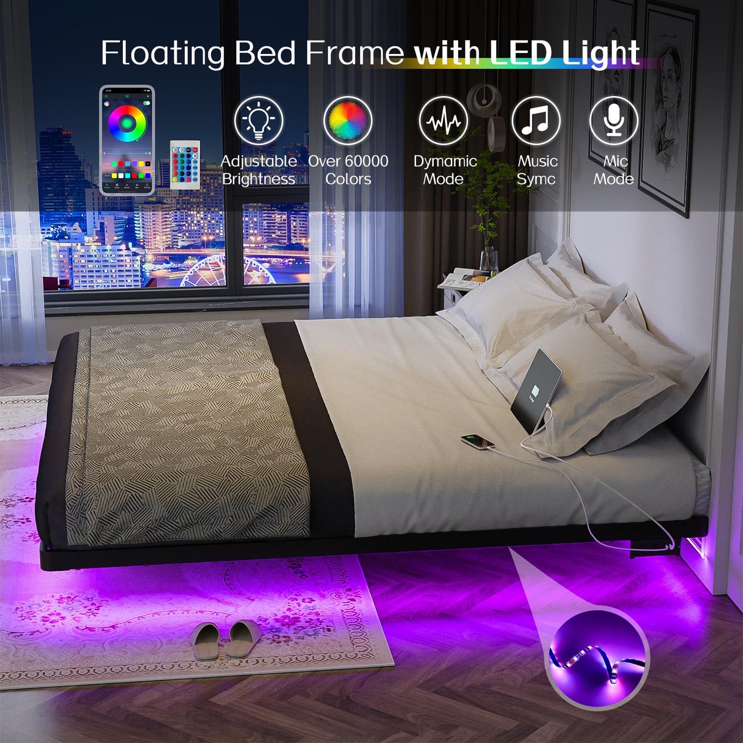OLEVS Full LED Floating Bed Frame