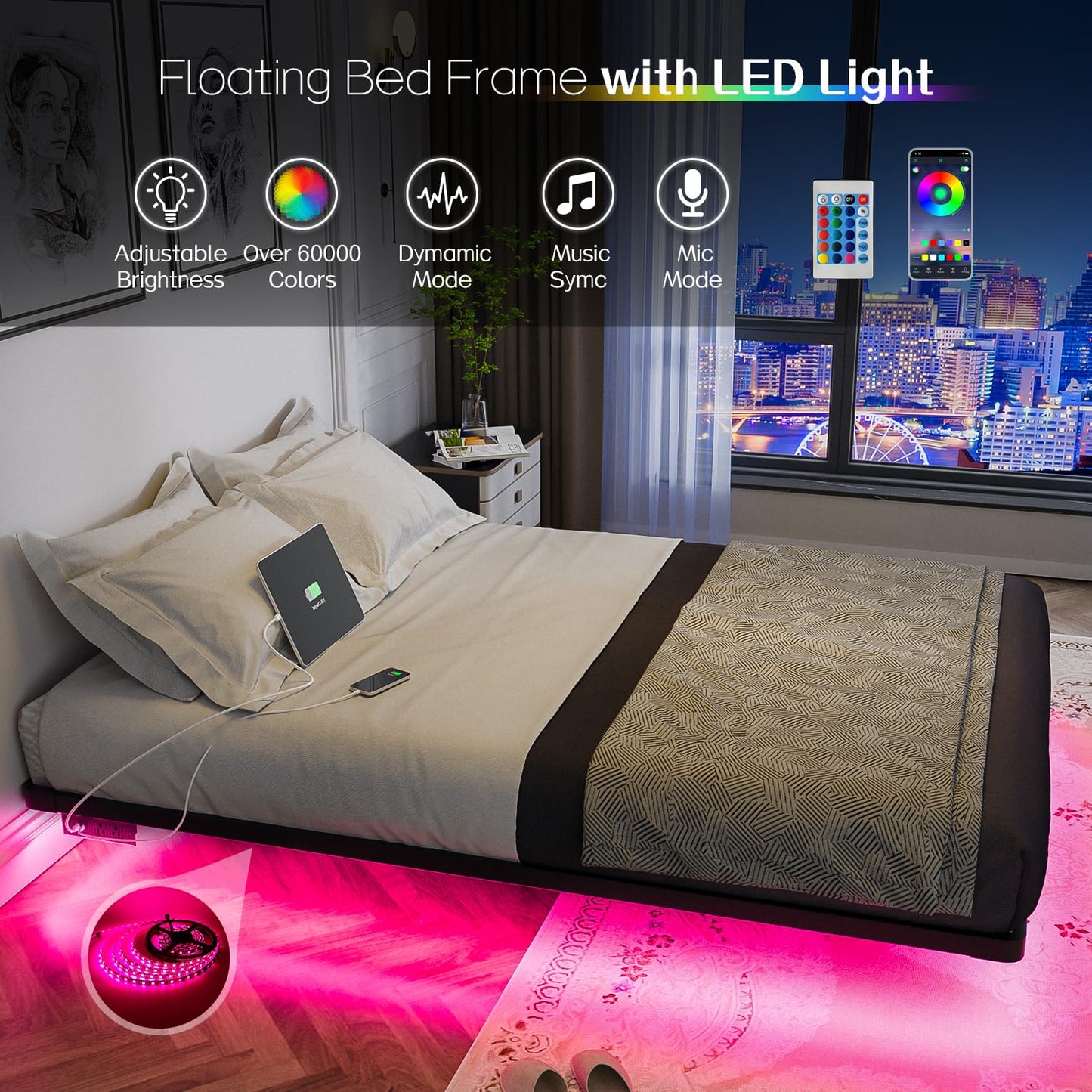 OLEVS Full LED Floating Bed Frame