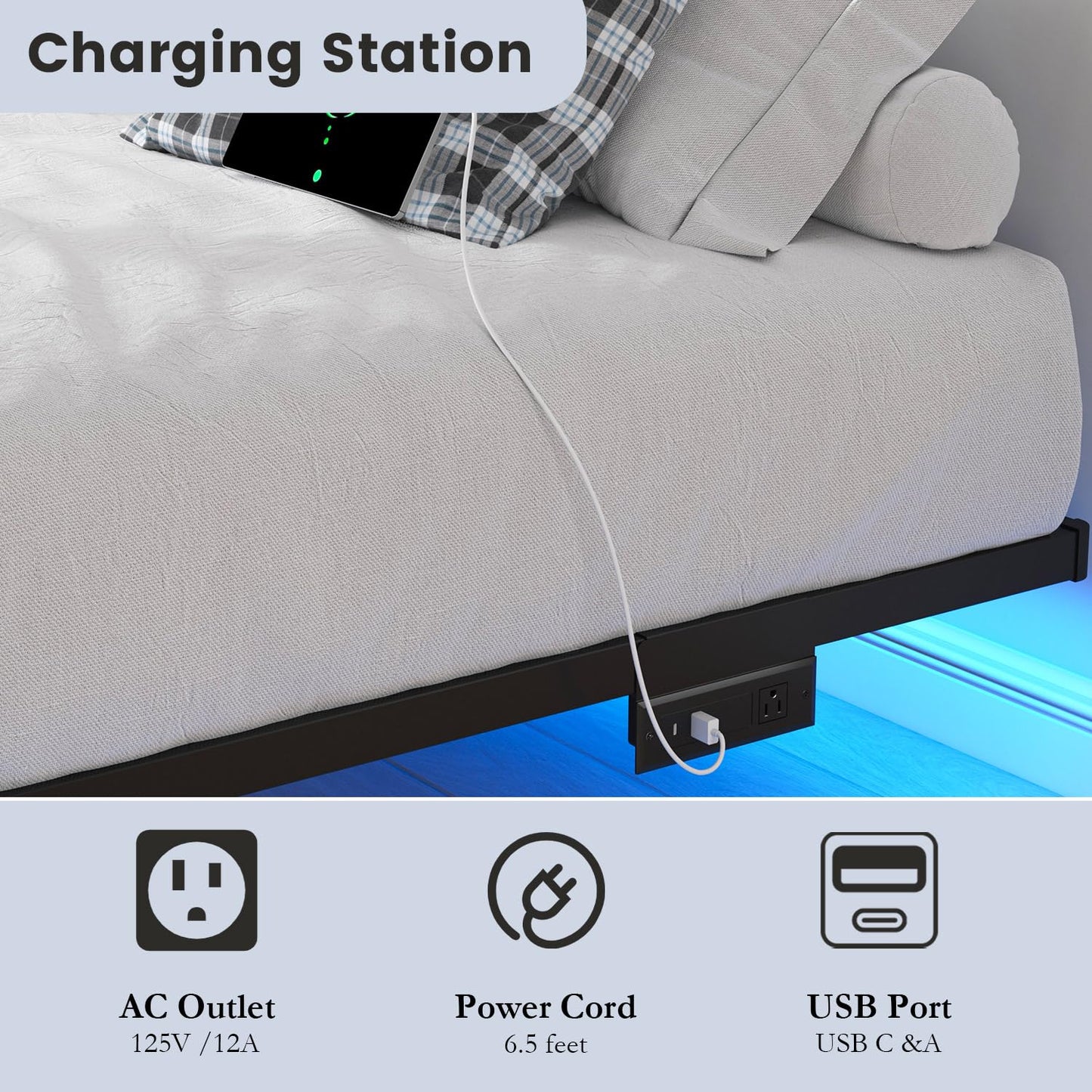 Floating Twin Bed Frame with LED & Charger
