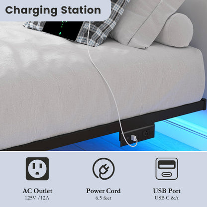 Floating Twin Bed Frame with LED & Charger