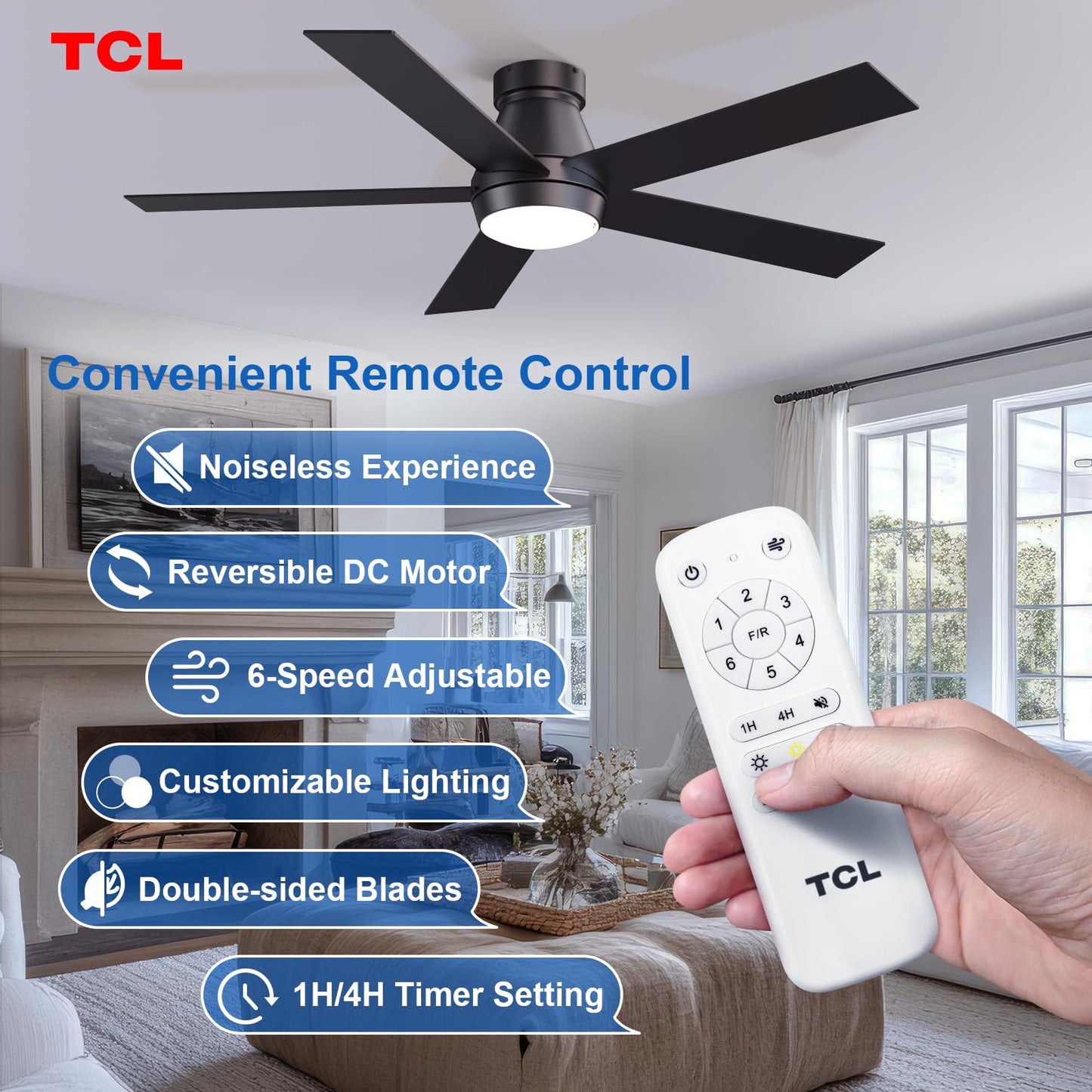 TCL 52" White Ceiling Fan with Light, 5 Blades, 6-Speed