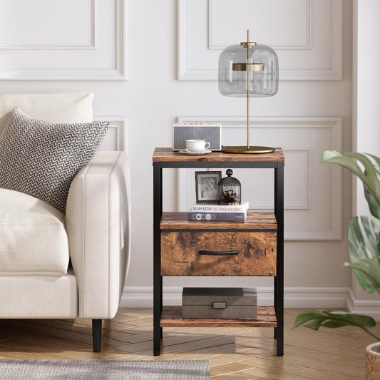 SUPERJARE Nightstand with Charger, 3-Tier, Rustic Brown