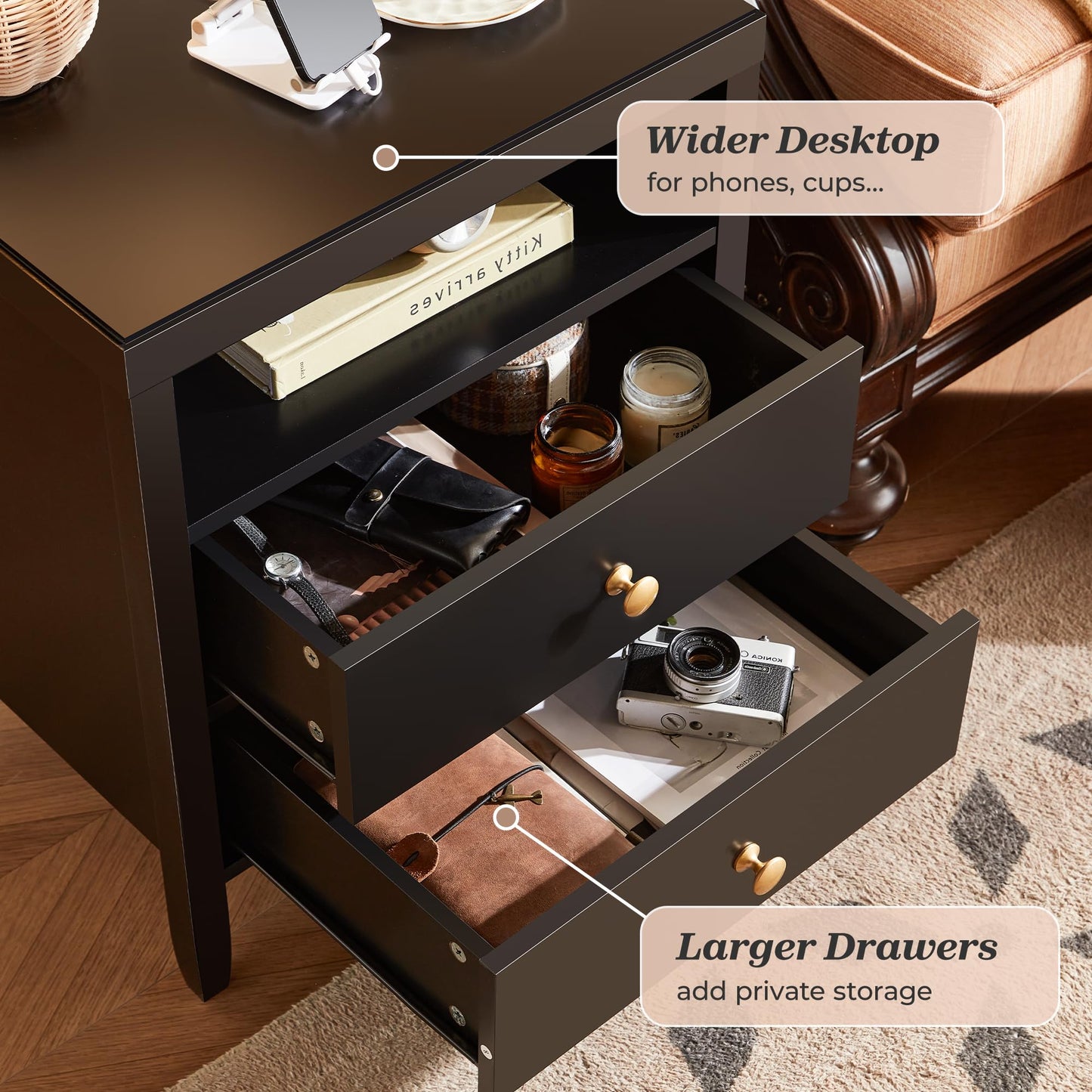 Huuger Black Nightstands Set of 2