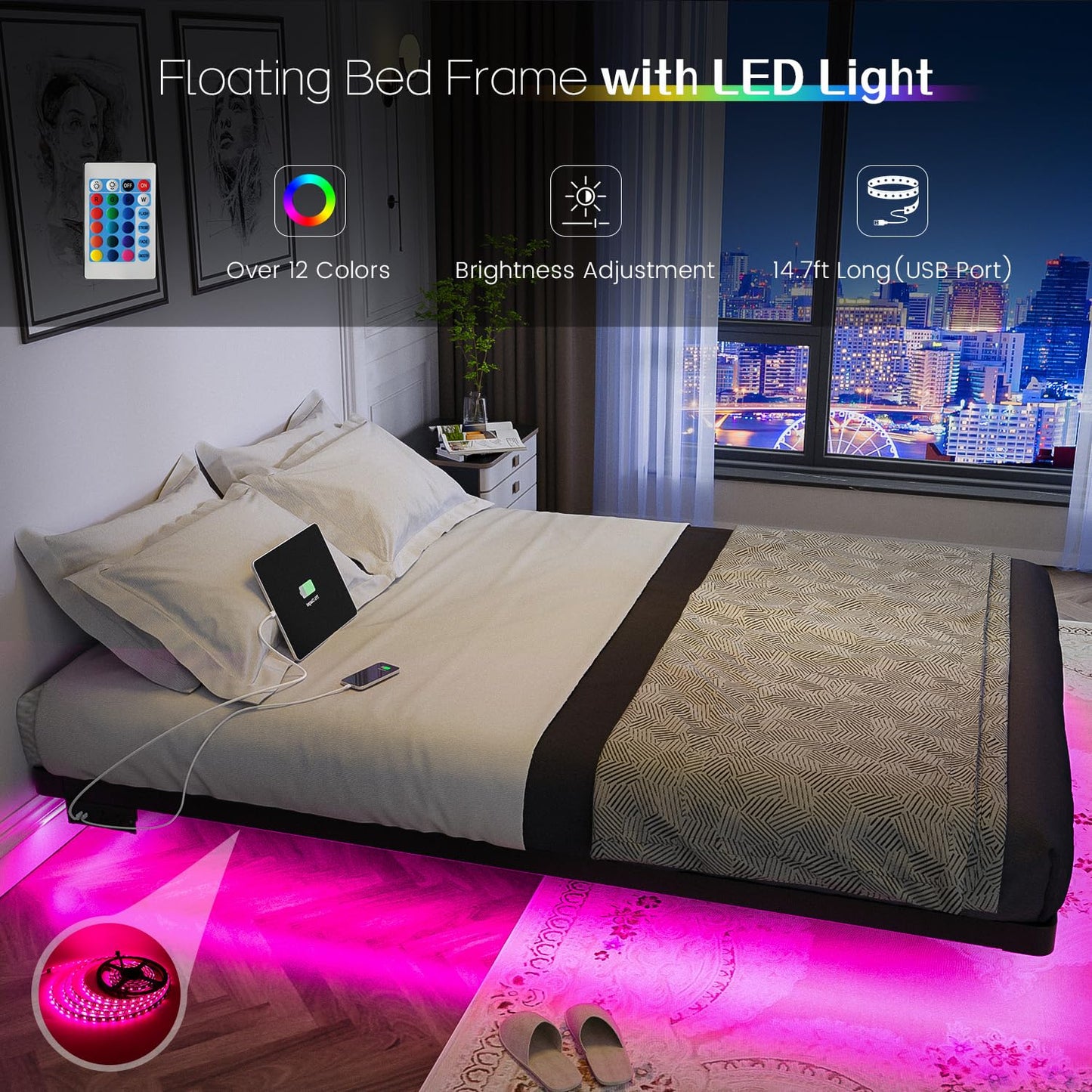 OLEVS Full LED Floating Bed Frame