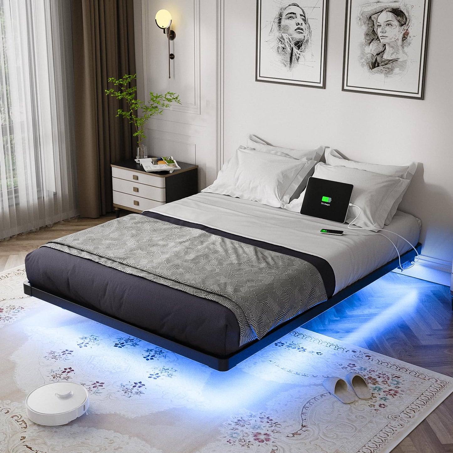 OLEVS Full LED Floating Bed Frame