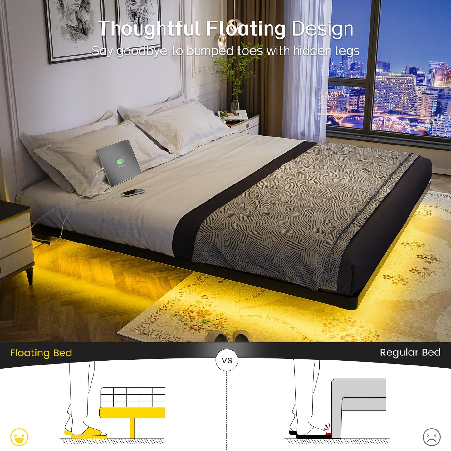 OLEVS Full LED Floating Bed Frame
