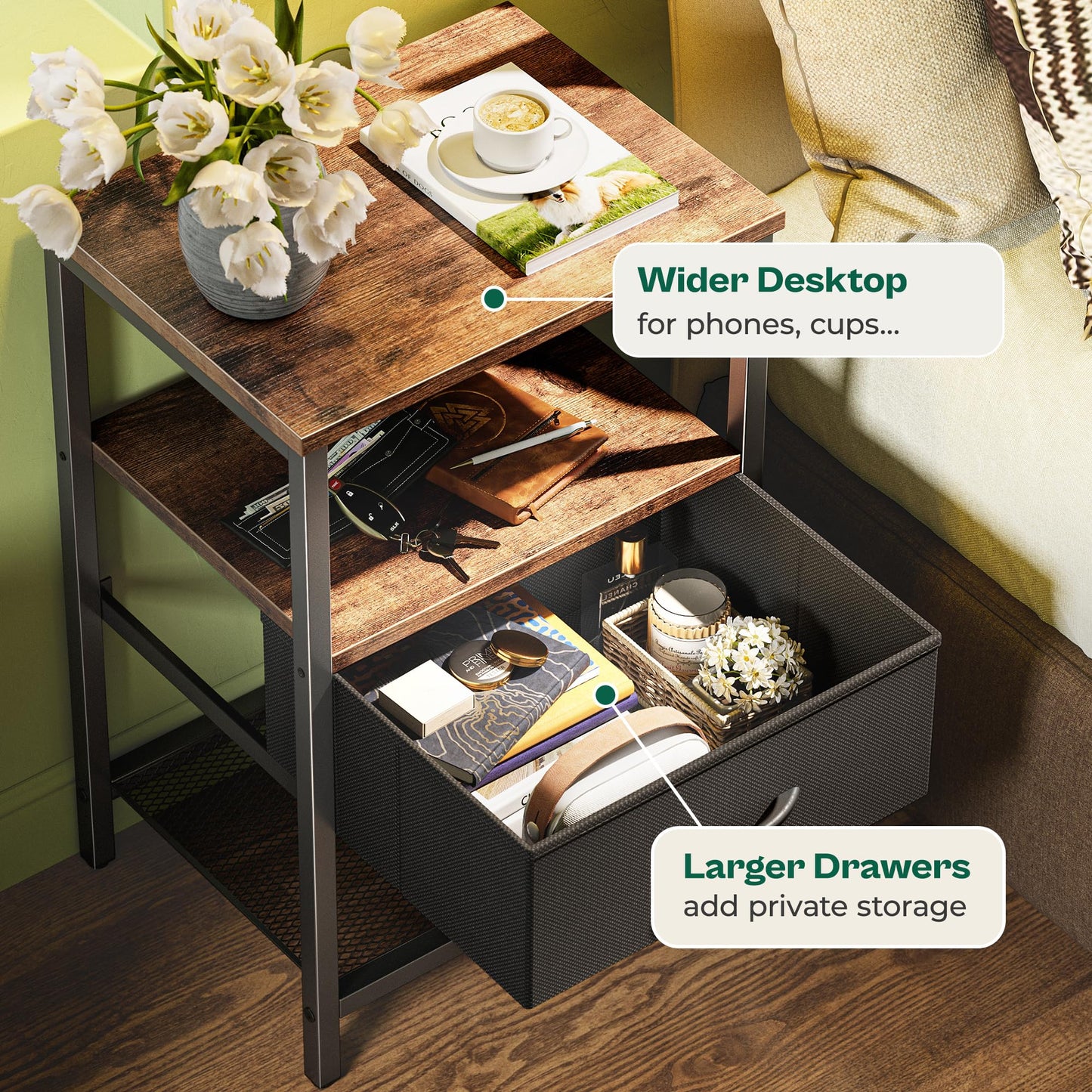 Huuger Fabric Nightstand, Rustic Brown