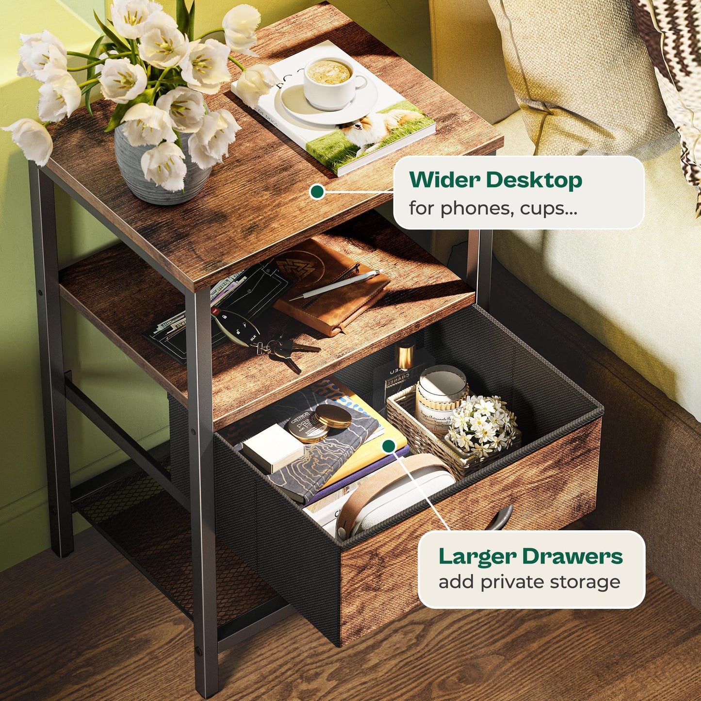 Huuger Fabric Nightstand, Rustic Brown